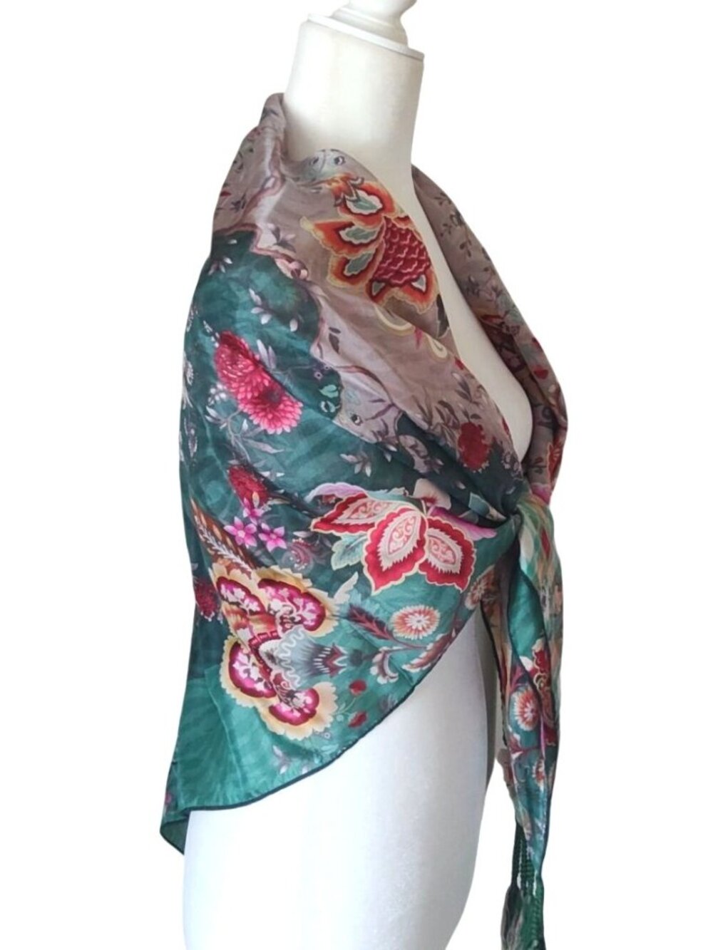 Floral Silk Scarf W/Tassels Multicolor 100% Silk Lightweight And Elegant Design - Picture 2 of 9